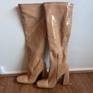 Heeled Shiny Faux Leather Tan Boots